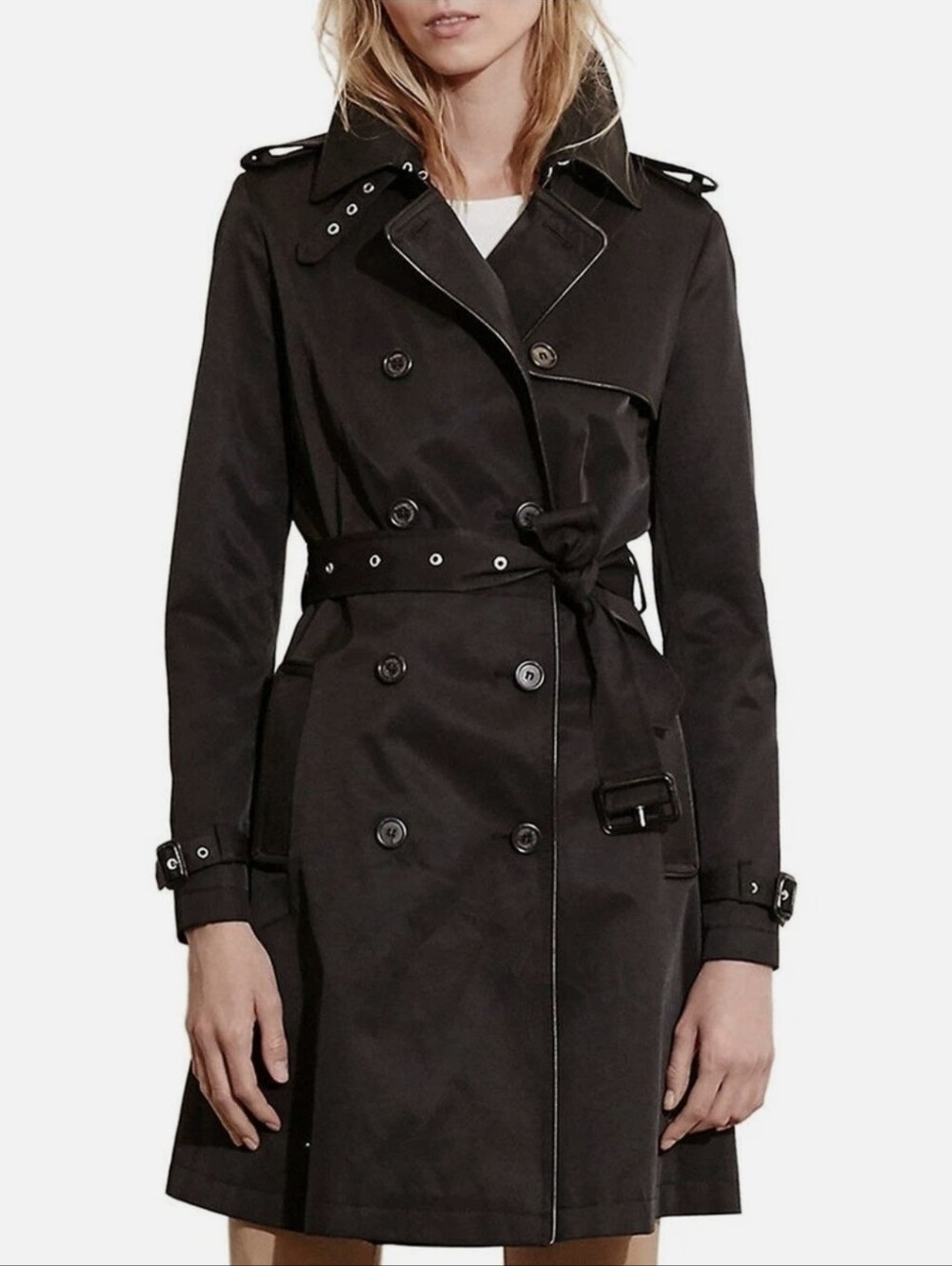 Lauren RALPH LAUREN Black Double-Breasted Faux Leather Trim Trench Coat